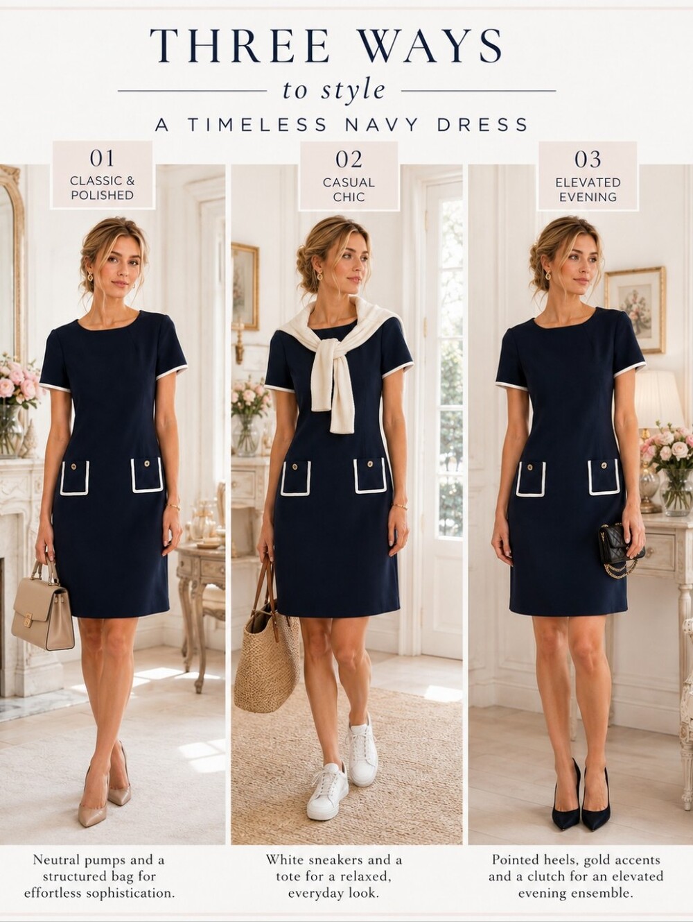 Tommy Hilfiger Navy Shift Dress | Size 8 White Trim Gold Button Pockets - Picture 4 of 11